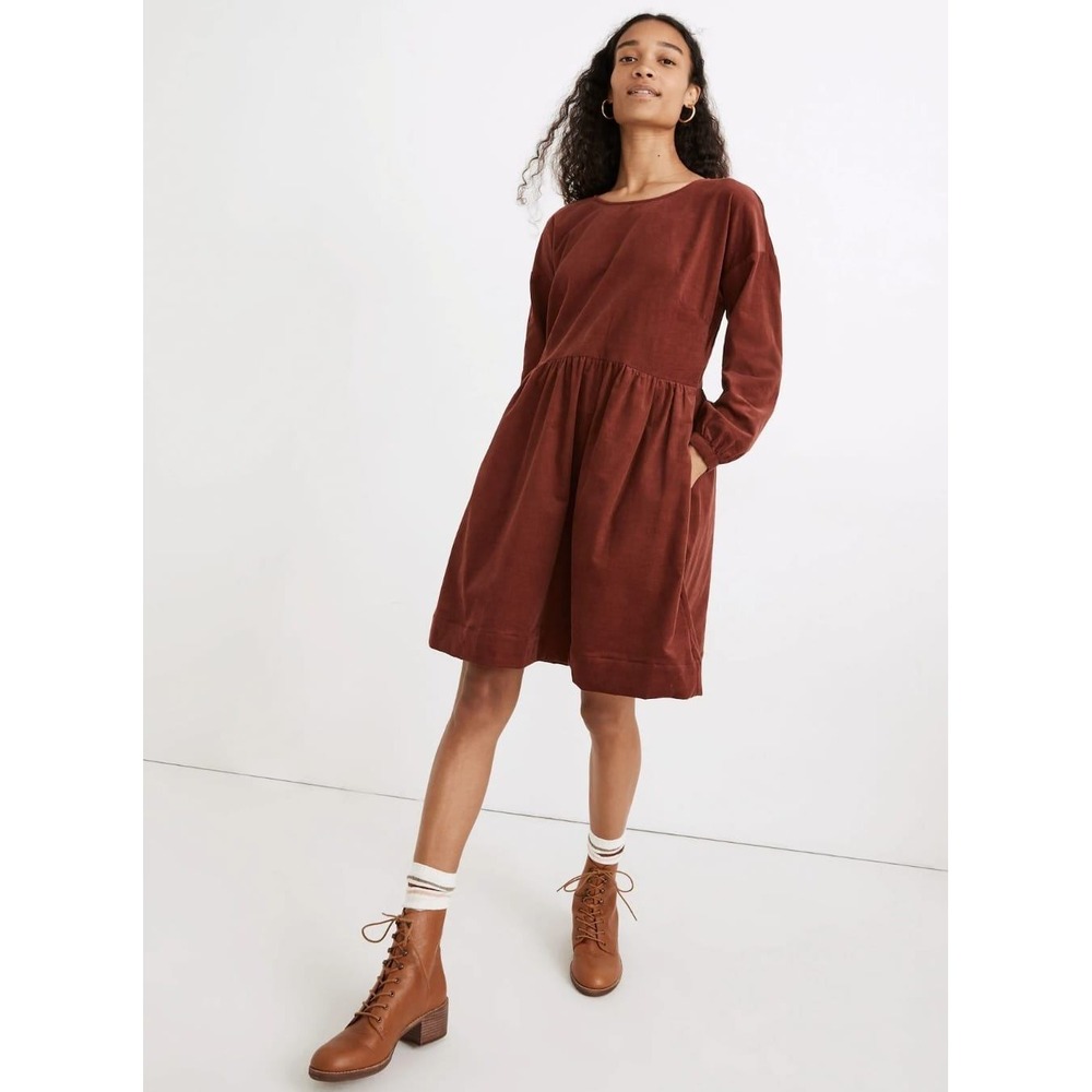 Madewell Baby Corduroy Drop Shoulder Pockets Easy Fit Mini Dress Rust XL
